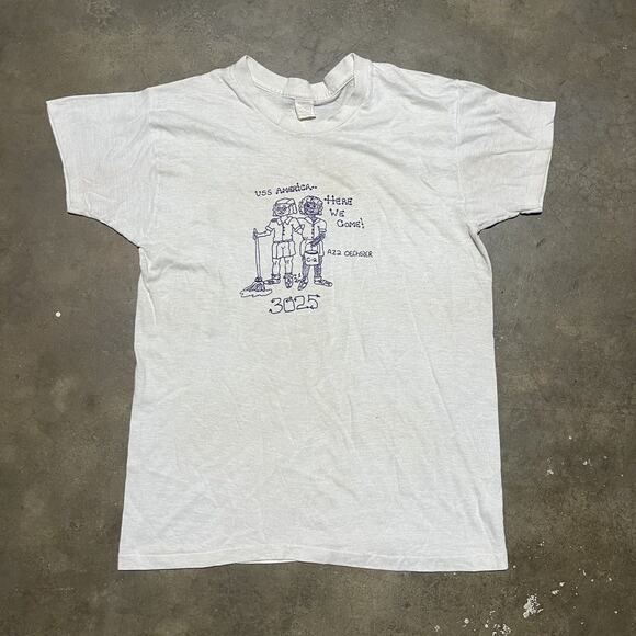 Vintage 80s USS America White Military Graphic T-Shirt - Picture 1 of 3